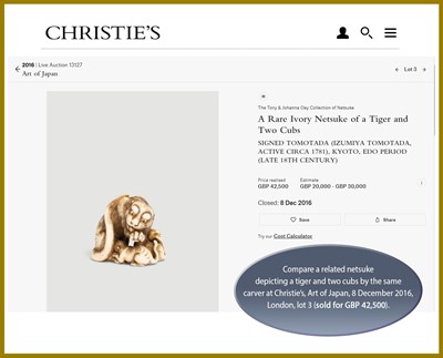 Lot 53 - TOMOTADA: AN EXCEPTIONAL IVORY NETSUKE OF A TIGRESS AND CUB