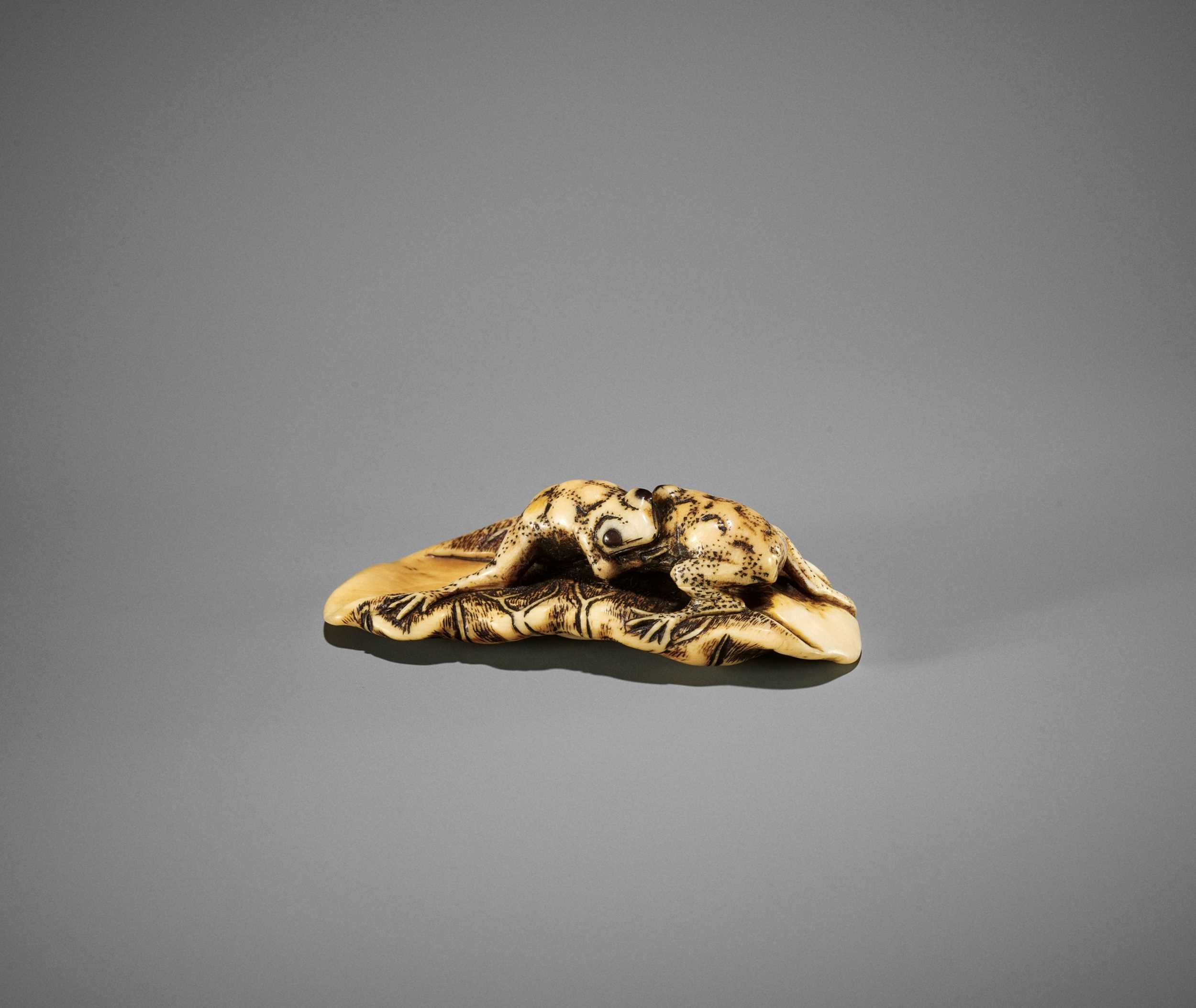 Lot 38 - YOSHITOMO: AN IVORY NETSUKE OF TWO FROGS WRESTLING ON A LOTUS LEAF