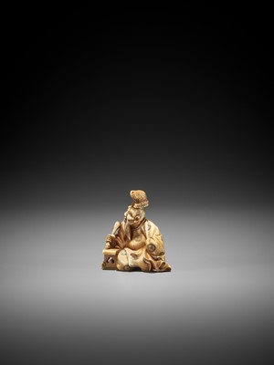 Lot 247 - SARUKO: A STAINED IVORY NETSUKE OF A CALLIGRAPHER