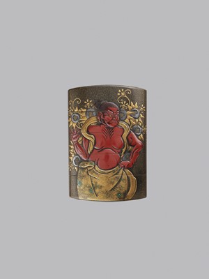 Lot 338 - KOMA KYUHAKU: A FINE RED AND GOLD LACQUER FOUR-CASE INRO DEPICTING A PAIR OF NIO GUARDIANS