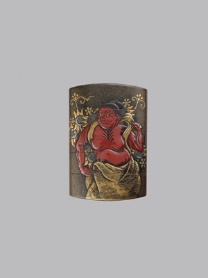 Lot 338 - KOMA KYUHAKU: A FINE RED AND GOLD LACQUER FOUR-CASE INRO DEPICTING A PAIR OF NIO GUARDIANS