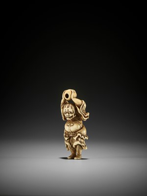 Lot 65 - A RARE AND SUPERB IVORY NETSUKE OF RYUJIN WITH TAMA, ATTRIBUTED TO SANKO