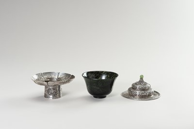 Lot 184 - A SILVER AND SPINACH-GREEN JADE BUTTER TEA SET