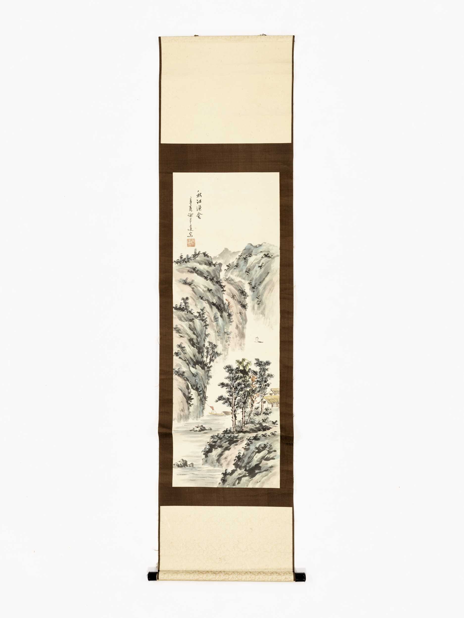 Lot 458 - A HANGING SCROLL PAINTING OF A RIVER LANDSCAPE