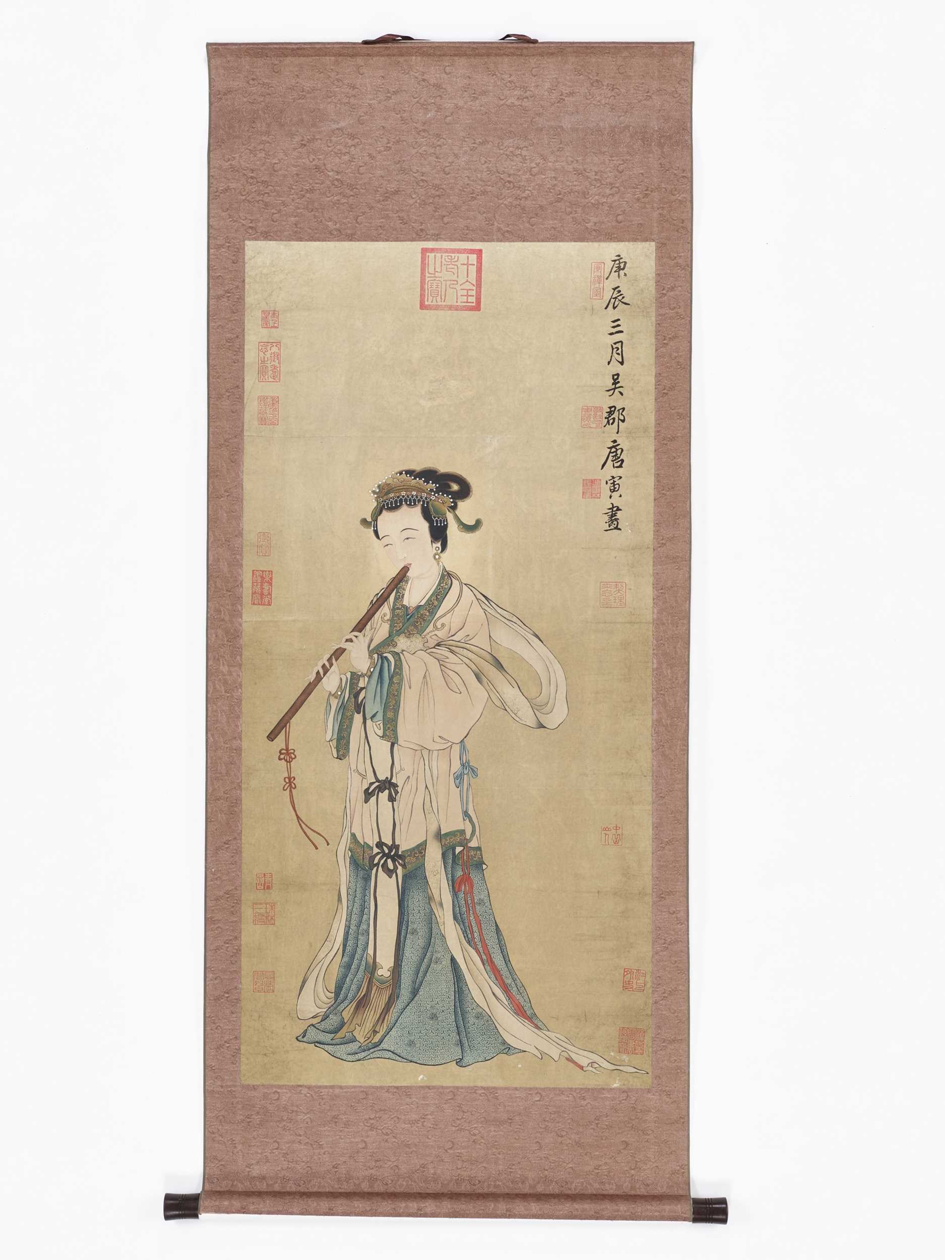 Lot 459 - A HANGING SCROLL PAINTING OF A LADY PLAYING A FLUTE