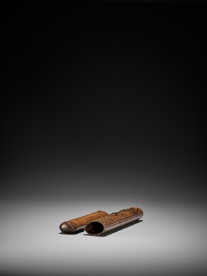 Lot 346 - ROSETSU: A COPPER AND GOLD INLAID WOOD KISERUZUTSU OF EMMA-O