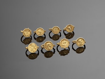Lot 552 - A SET OF EIGHT ANCIENT GANDHARA COIN GOLD RINGS