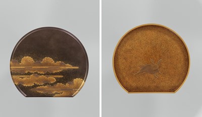 Lot 105 - A SUPERB AND RARE MOON-SHAPED LACQUER SUZURIBAKO WITH LUNAR HARE