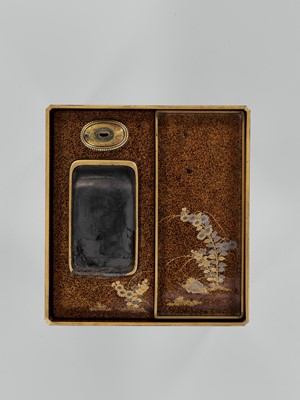 Lot 100 - A RARE LACQUER SUZURIBAKO WITH OWL AND MOON