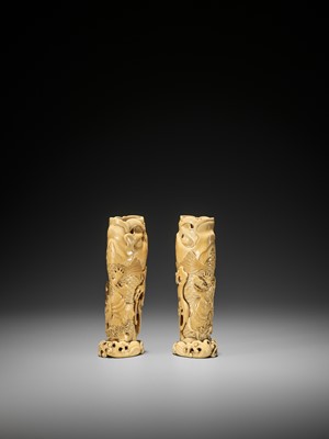 Lot 133 - A PAIR OF SMALL IVORY TUSK VASES WITH CARPS