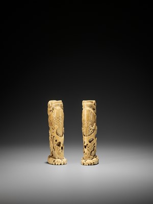 Lot 133 - A PAIR OF SMALL IVORY TUSK VASES WITH CARPS