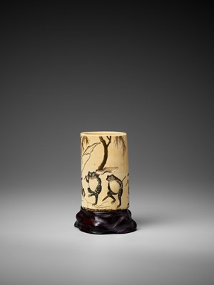 Lot 132 - A LACQUERED AND CARVED IVORY ‘FROG PROCESSION’ TUSK VASE