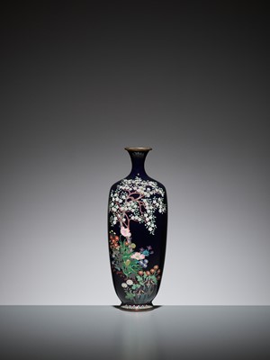 Lot 363 - A MIDNIGHT BLUE CLOISONNÉ ENAMEL VASE WITH CHERRY TREE AND FLOWERS