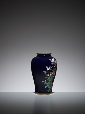 Lot 67 - A MIDNIGHT BLUE CLOISONNÉ ENAMEL VASE WITH A SPARROW AND FLOWERS
