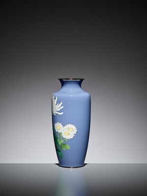 Lot 75 - ANDO: AN UNUSUAL PALE BLUE CLOISONNÉ ENAMEL VASE WITH PEONY AND CHRYSANTHEMUM