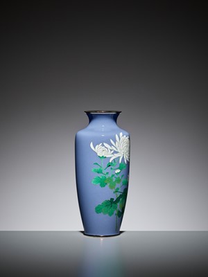 Lot 75 - ANDO: AN UNUSUAL PALE BLUE CLOISONNÉ ENAMEL VASE WITH PEONY AND CHRYSANTHEMUM