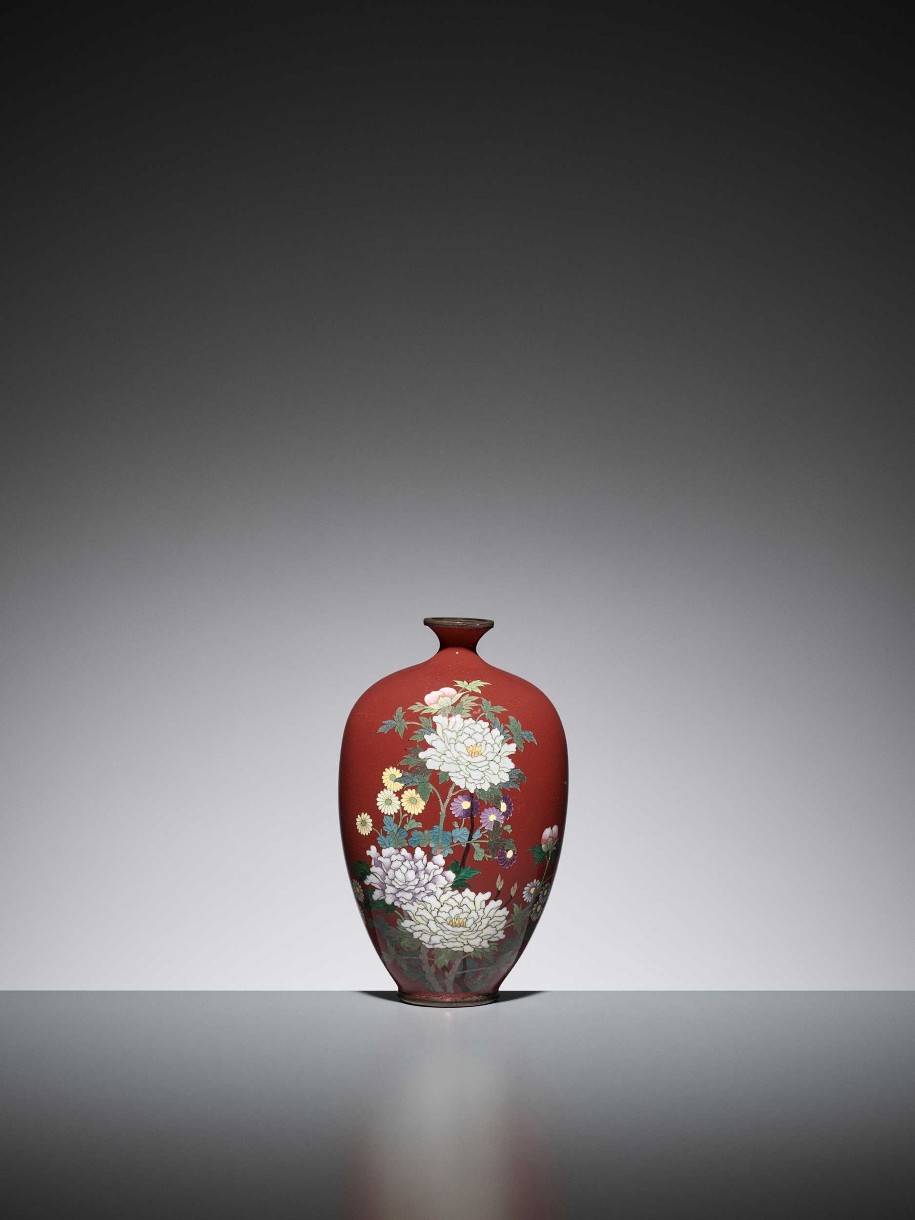 Lot 73 - AN UNUSUAL IRON-RED CLOISONNÉ ENAMEL VASE WITH PEONY AND CHRYSANTHEMUM
