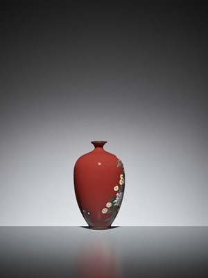 Lot 73 - AN UNUSUAL IRON-RED CLOISONNÉ ENAMEL VASE WITH PEONY AND CHRYSANTHEMUM