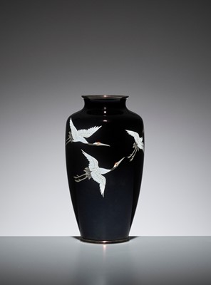 Lot 95 - ANDO: A MIDNIGHT BLUE CLOISONNÉ ENAMEL VASE WITH FLYING CRANES