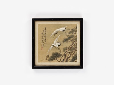 Lot 559 - A SMALL PAINTING WITH CRANES