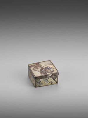 Lot 354 - A SMALL SILVERED SENTOKU ‘SHOKI AND ONI’ BOX AND COVER