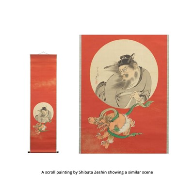 Lot 354 - A SMALL SILVERED SENTOKU ‘SHOKI AND ONI’ BOX AND COVER