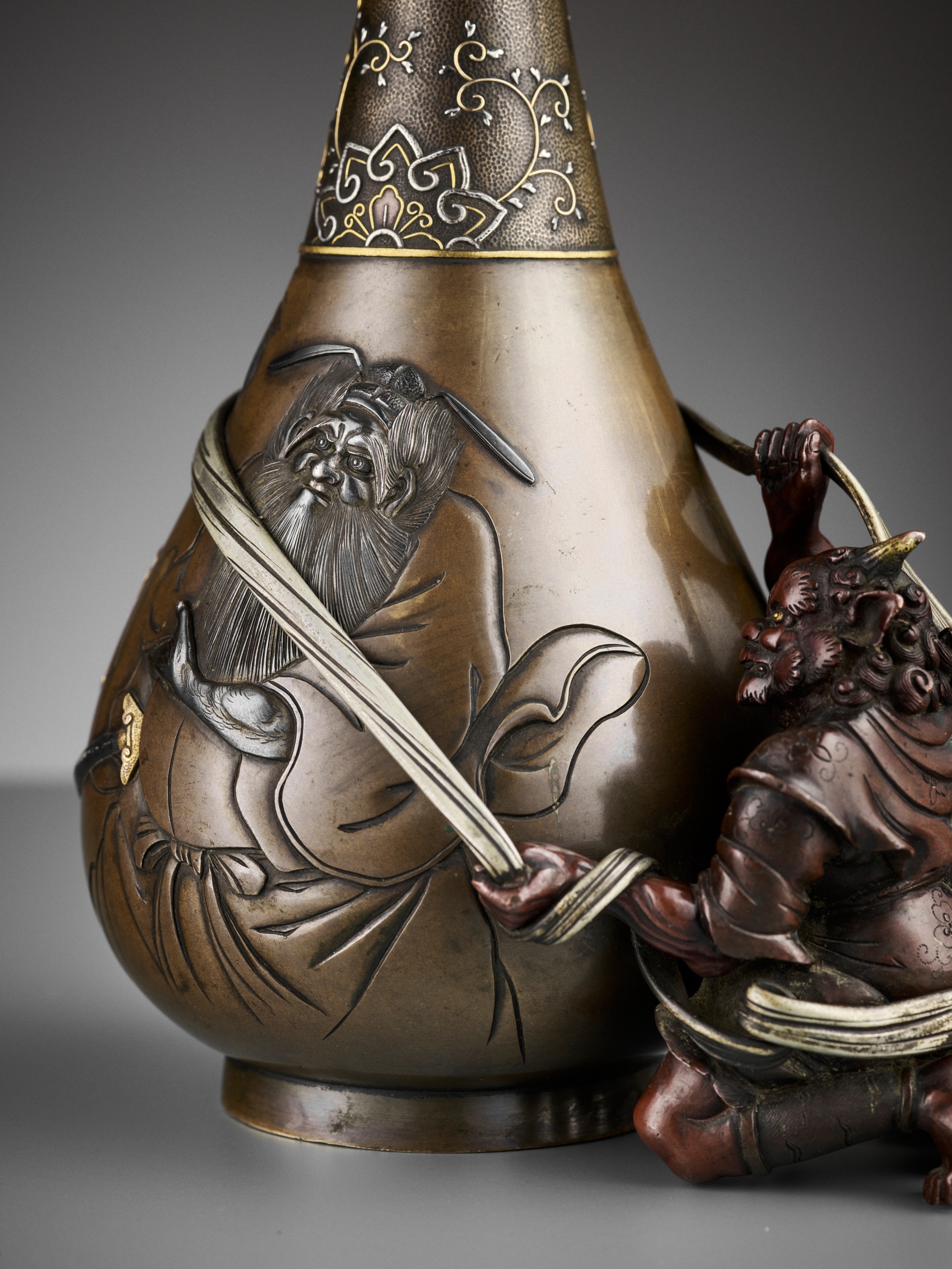 Humorous Japanese Bronze Vase Depicting Shoki Chasing Oni