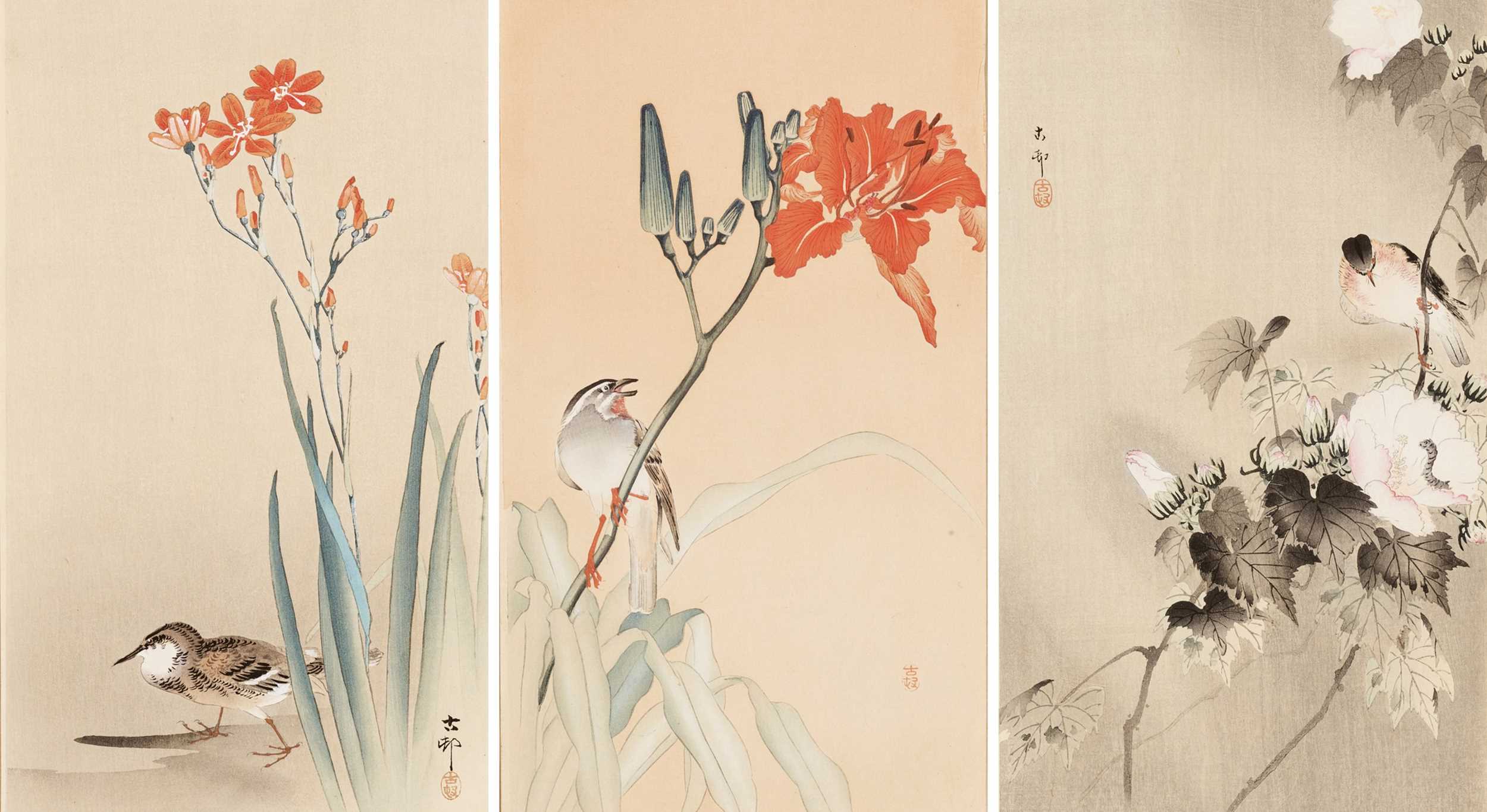 OHARA KOSON: THREE COLOR WOODBLOCK PRINTS OF BIRDS AND FLOWERS