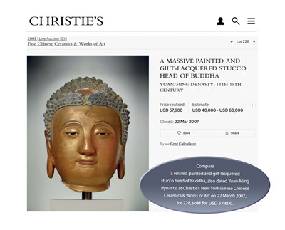 Lot 376 - A GILT AND LACQUERED STUCCO HEAD OF A LUOHAN, YUAN TO MING DYNASTY