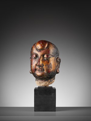 Lot 376 - A GILT AND LACQUERED STUCCO HEAD OF A LUOHAN, YUAN TO MING DYNASTY