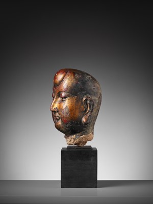 Lot 376 - A GILT AND LACQUERED STUCCO HEAD OF A LUOHAN, YUAN TO MING DYNASTY