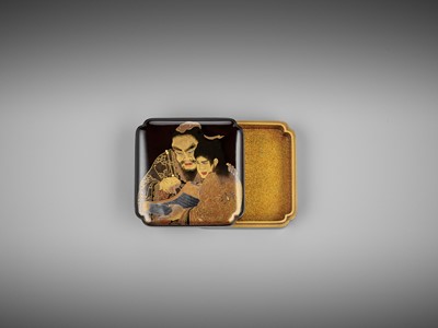 Lot 112 - A FINE LACQUER KOGO (INCENSE BOX) WITH KANZAN AND JITTOKU