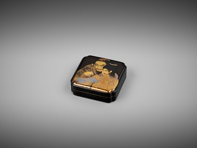 Lot 112 - A FINE LACQUER KOGO (INCENSE BOX) WITH KANZAN AND JITTOKU
