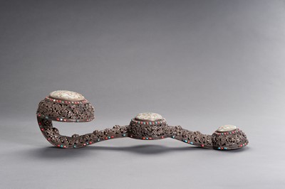 Lot 169 - A MASSIVE AND RETICULATED SILVERED COPPER CEREMONIAL SCEPTER INLAID WITH JADE, TURQUOISE AND CORAL, LATE QING