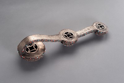 Lot 169 - A MASSIVE AND RETICULATED SILVERED COPPER CEREMONIAL SCEPTER INLAID WITH JADE, TURQUOISE AND CORAL, LATE QING