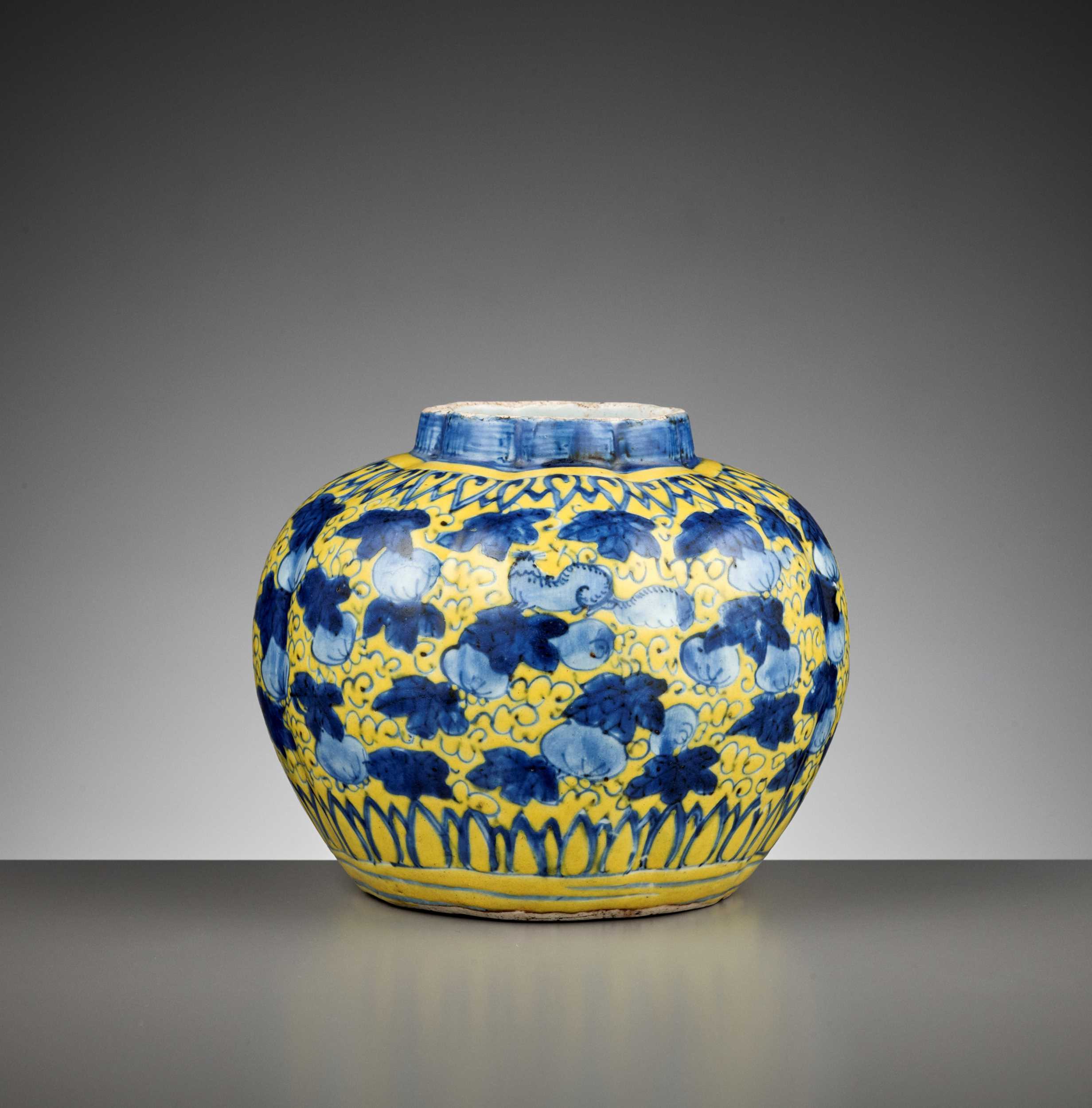 Lot 189 - A YELLOW-GROUND BLUE AND WHITE ‘SQUIRRELS AND GOURDS’ LOBED JAR, WANLI