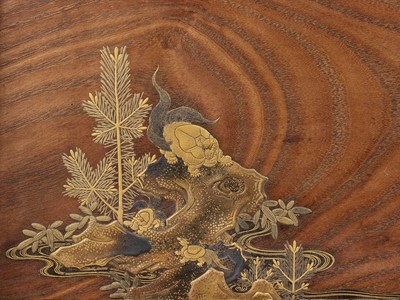 Lot 166 - A LACQUERED WOOD TSUITATE (STANDING SCREEN) WITH MINOGAME AND CRANES