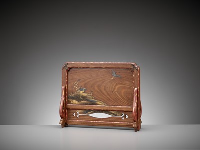 Lot 166 - A LACQUERED WOOD TSUITATE (STANDING SCREEN) WITH MINOGAME AND CRANES