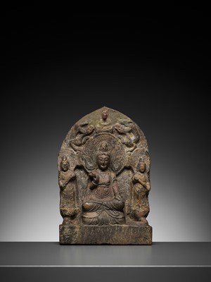 Lot 364 - A LIMESTONE BUDDHIST TRIAD STELE OF GUANYIN, NORTHERN WEI TO TANG DYNASTY
