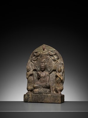 Lot 364 - A LIMESTONE BUDDHIST TRIAD STELE OF GUANYIN, NORTHERN WEI TO TANG DYNASTY