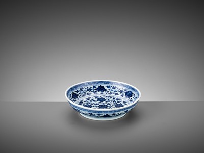 Lot 214 - A BLUE AND WHITE MING-STYLE DISH, QIANLONG MARK AND PERIOD