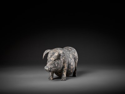 Lot 124 - A RARE AND MASSIVE BLACK-PAINTED GRAY POTTERY FIGURE OF A PREGNANT SOW, HAN DYNASTY