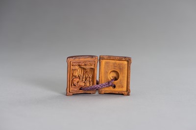 Lot 371 - MASACHIKA: A RARE WOOD NETSUKE OF A BAMBOO NODE WITH A SCENE OF DUTCHMEN AND A TIGER INSIDE