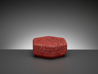 Lot 329 - A ‘SCHOLAR UNDER THE LYCHEE TREE’ CINNABAR LACQUER BOX AND COVER, MING DYNASTY