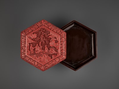 Lot 329 - A ‘SCHOLAR UNDER THE LYCHEE TREE’ CINNABAR LACQUER BOX AND COVER, MING DYNASTY