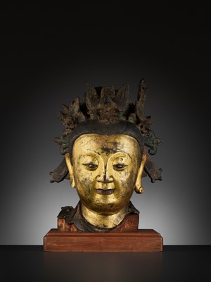 Lot 384 - A HIGHLY IMPORTANT AND VERY LARGE GILT-BRONZE HEAD OF BIXIA YUANJUN, THE PRIMORDIAL SOVEREIGN OF THE COLORED CLOUDS OF DAWN, MING DYNASTY