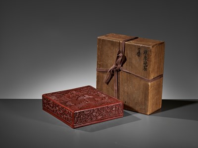 Lot 413 - A CARVED CINNABAR LACQUER DOCUMENT BOX AND COVER, MING DYNASTY
