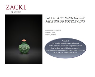 Lot 295 - A SPINACH-GREEN ‘ARCHAISTIC’ JADE SNUFF BOTTLE, QING DYNASTY