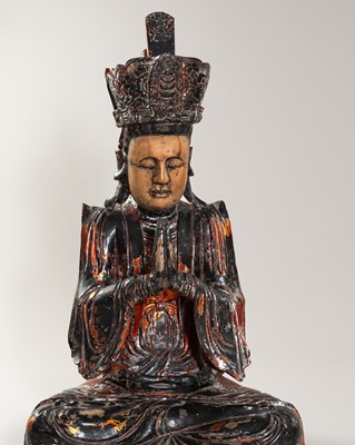 Lot 1493 - A VERY LARGE VIETNAMESE LACQUERED WOOD STATUE OF QUAN AM