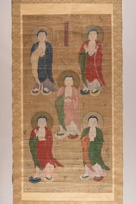 Lot 1020 - A LARGE SCROLL PAINTING WITH FIVE BUDDHAS, QING